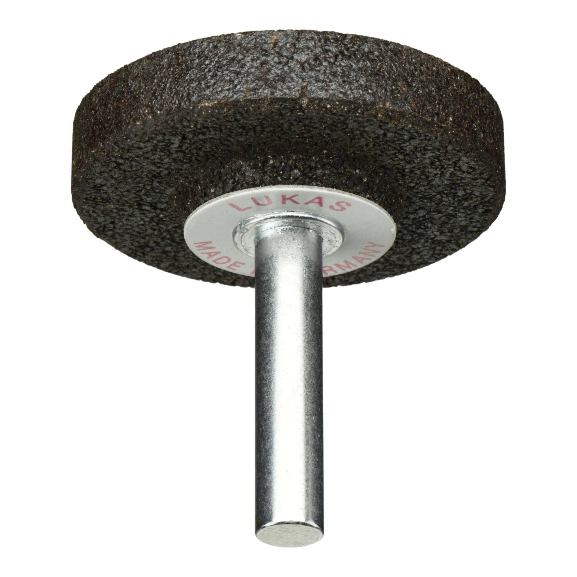 Schleifscheibe mit Metallschaft, mit der Aufschrift 'Lukas', zum Formen oder Bearbeiten von Materialien.