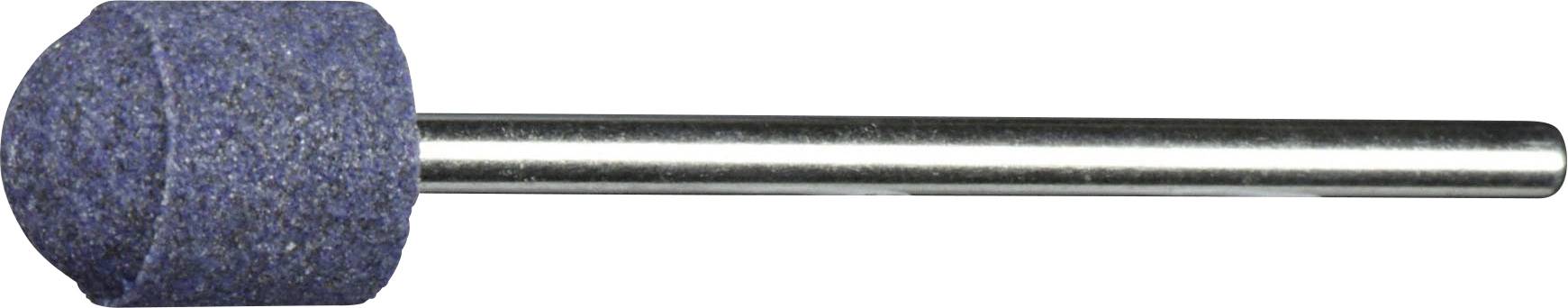 Ein blauer Schleifstein, der auf einer Metallachse montiert ist, zum Schärfen oder Formen von Materialien, vor einem einfarbigen Hintergrund.