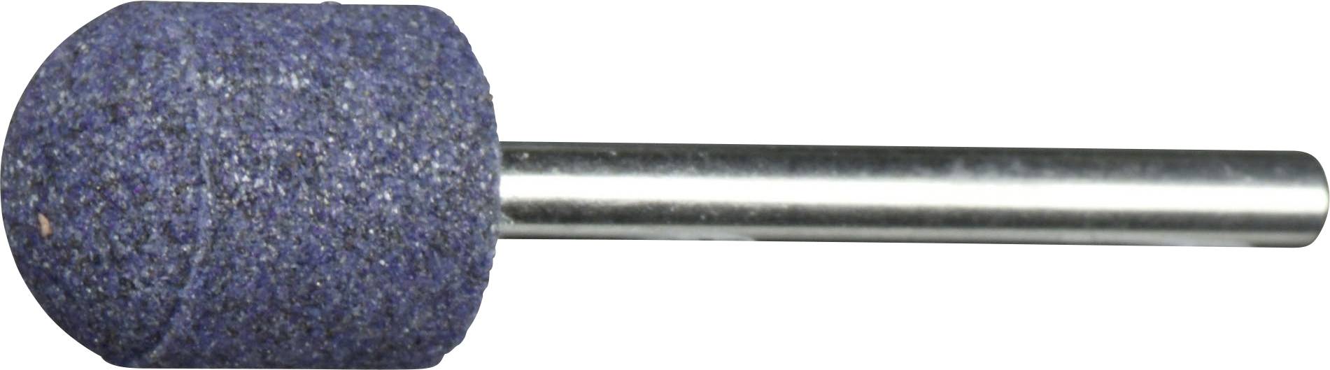 Ein blauer zylindrischer Schleifstein mit metallischem Schaft, der zum Schärfen oder Formen von Werkzeugen verwendet wird.