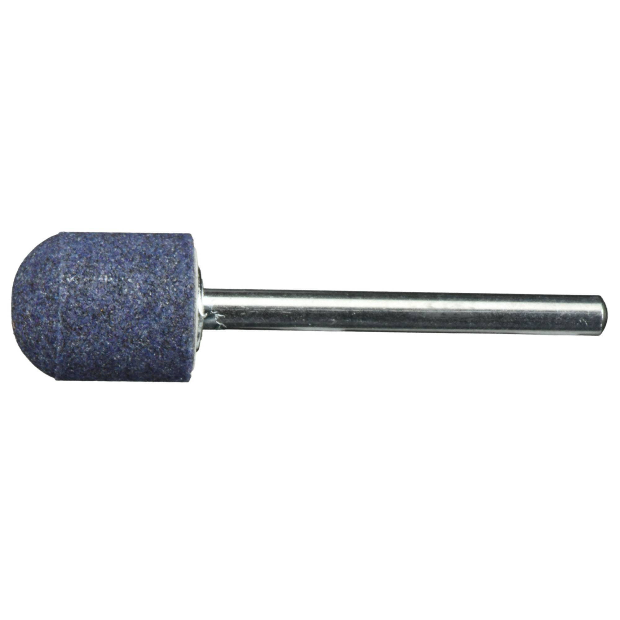 Ein zylindrischer Schleifstein mit abgerundeter Spitze, der an einem Metallschaft befestigt ist und zum Schärfen, Schleifen oder Polieren von Oberflächen verwendet wird.