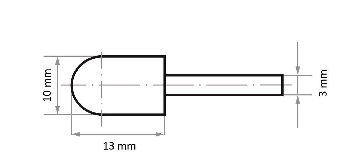 Technische Zeichnung eines zylindrischen Stifts mit abgerundeter Spitze. Maße sind gekennzeichnet: Länge 13 mm, Breite 10 mm, Schaft 3 mm.