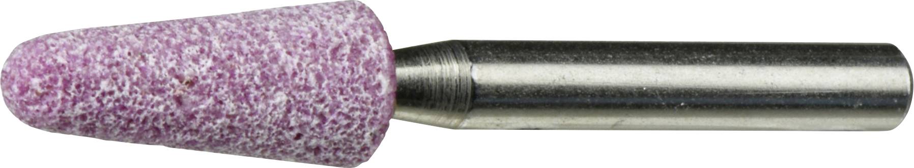 Ein zylindrischer Schleifstein mit einer spitzen rosa Schleifkopf und einem metallischen Schaft.