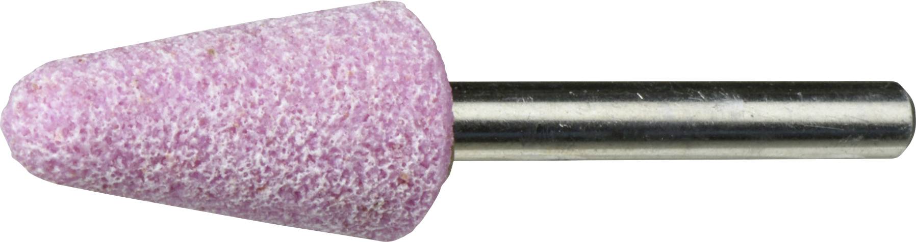 Ein rosa, konischer Schleifstein, der an einem Metallschaft befestigt ist und zum Glätten oder Formen von Materialien verwendet wird.