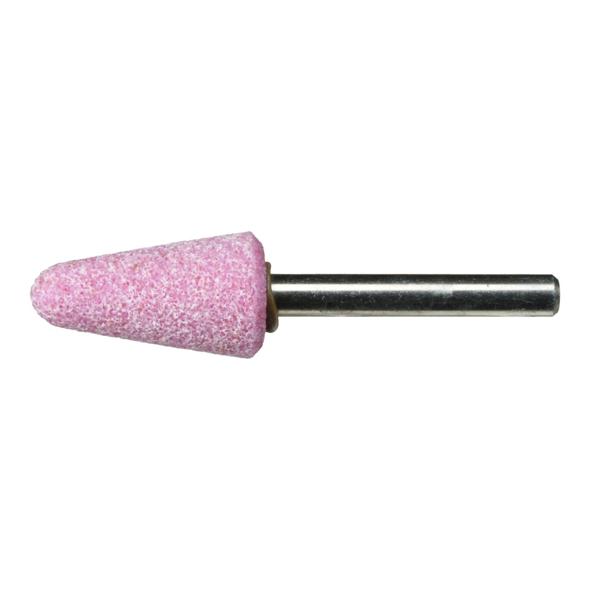Ein Metallrotationswerkzeug mit einer rosa, konusförmigen Schleifspitze, verwendet zum Schleifen oder Formen von Materialien.