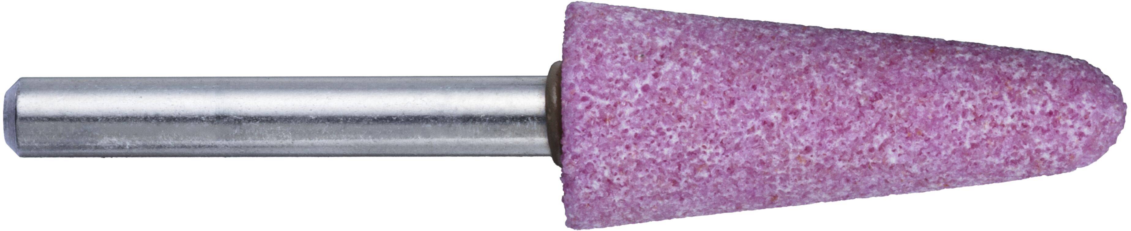 Ein kegelförmiger, rosa Schleifstein mit einem zylindrischen Metallschaft.
