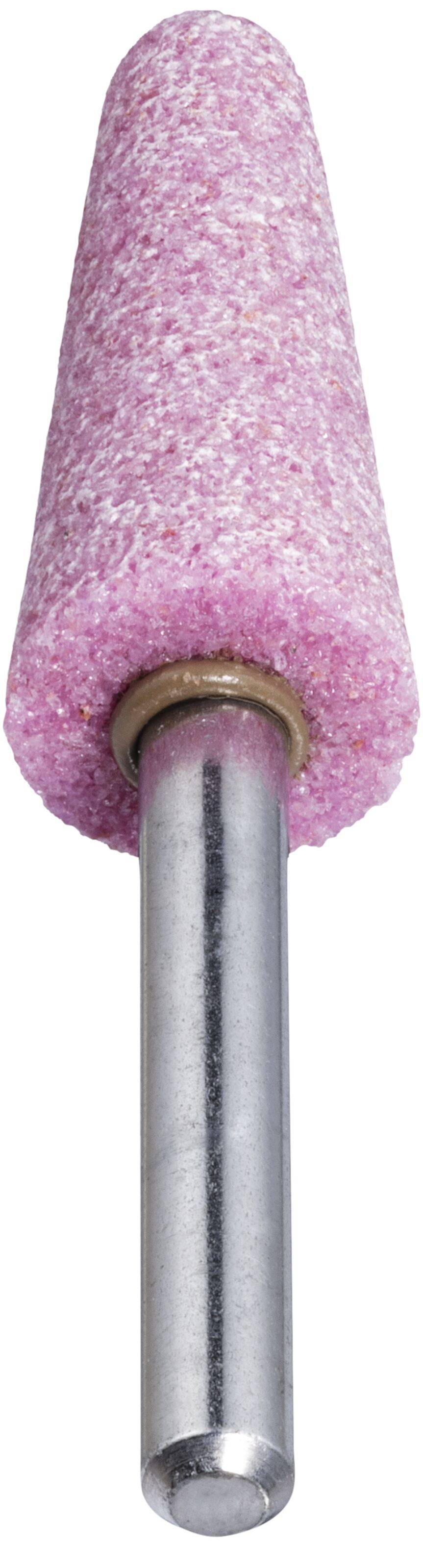 Rosa konischer Schleifstein mit metallischem Schaft, verwendet zum Schärfen, Schleifen oder Polieren von Oberflächen.