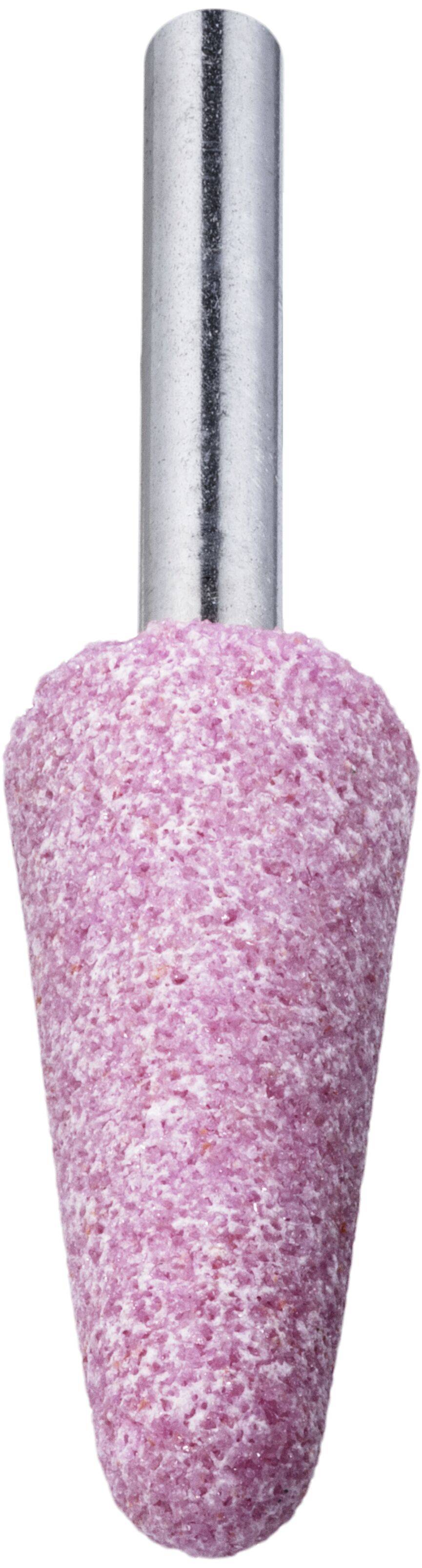 Ein rosa, konisch geformter Schleifstein mit einem silbernen zylindrischen Griff, der zum Glätten oder Formen von Oberflächen in verschiedenen Anwendungsbereichen verwendet wird.