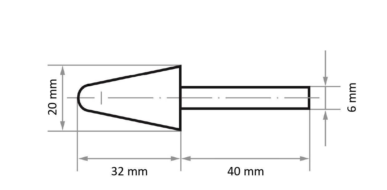Technische Zeichnung eines konischen Objekts mit zylindrischer Verlängerung. Abmessungen: 20 mm Höhe, 32 mm Konenlänge, 40 mm Gesamtlänge, 6 mm Durchmesser.