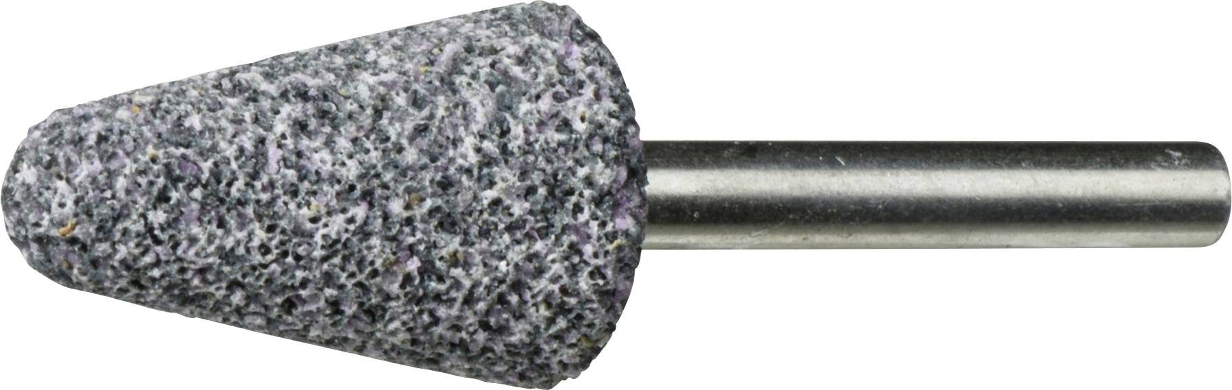 Ein konischer Schleifstein mit strukturierter Oberfläche, der an einem Metallschaft befestigt ist und zum Schärfen und Formen von Werkzeugen oder Materialien verwendet wird.