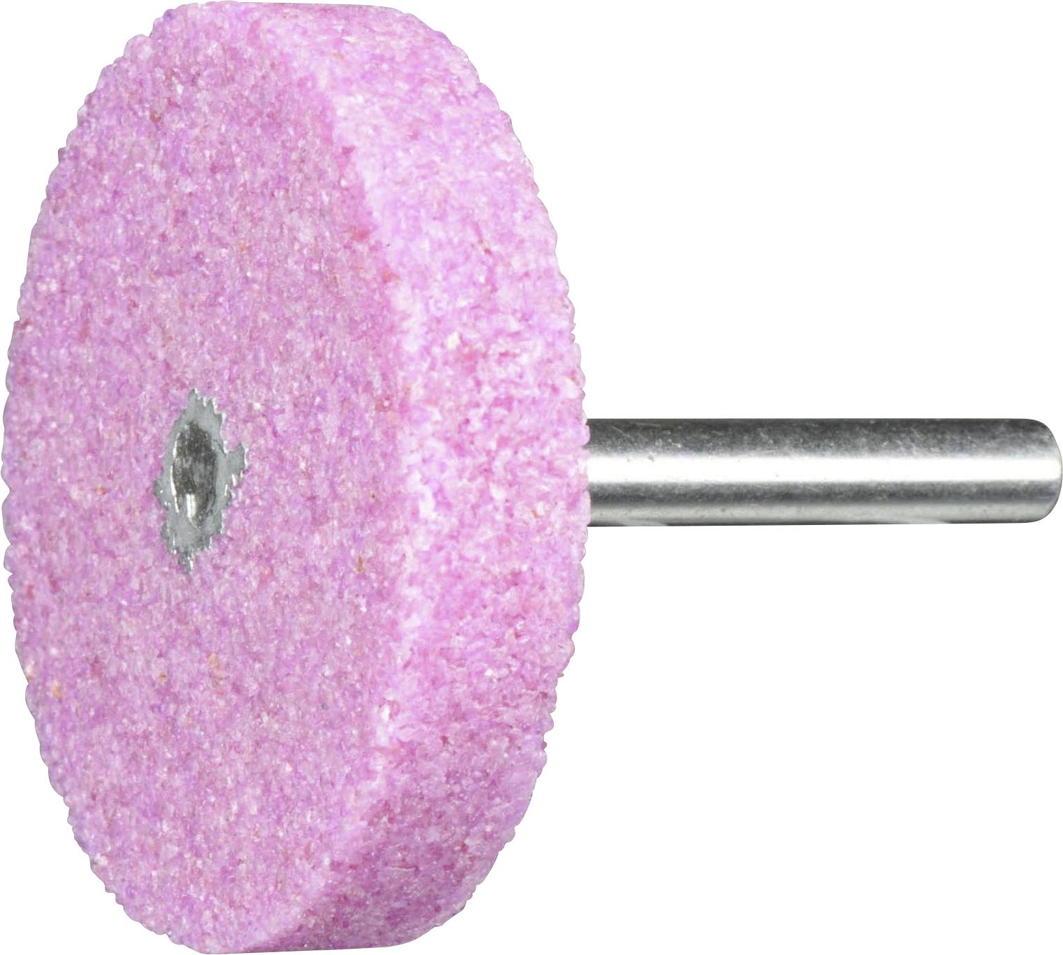 Ein rosa zylindrischer Schleifstein mit einer Metallachse zur Befestigung, der in Rotationswerkzeugen wie Bohrmaschinen zum Polieren von Metall und Stein verwendet wird.