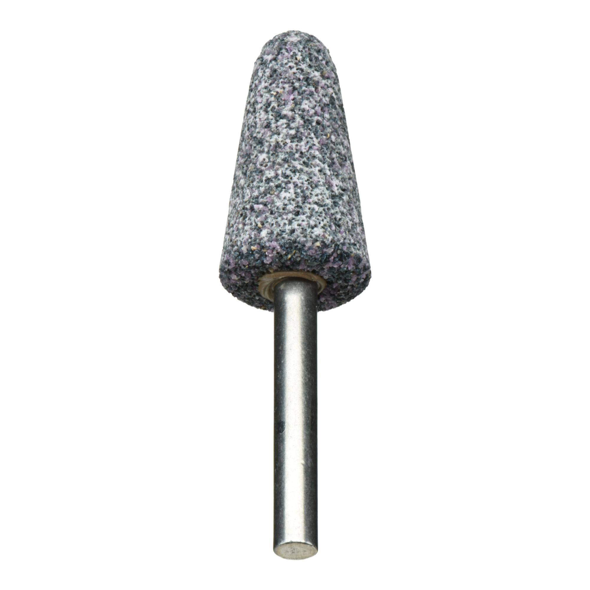 Ein zylindrischer Schleifstein mit einer kegelförmigen Spitze, der an einer Metallstange befestigt ist und zum Schärfen und Formen von Metall oder Werkzeugen verwendet wird.