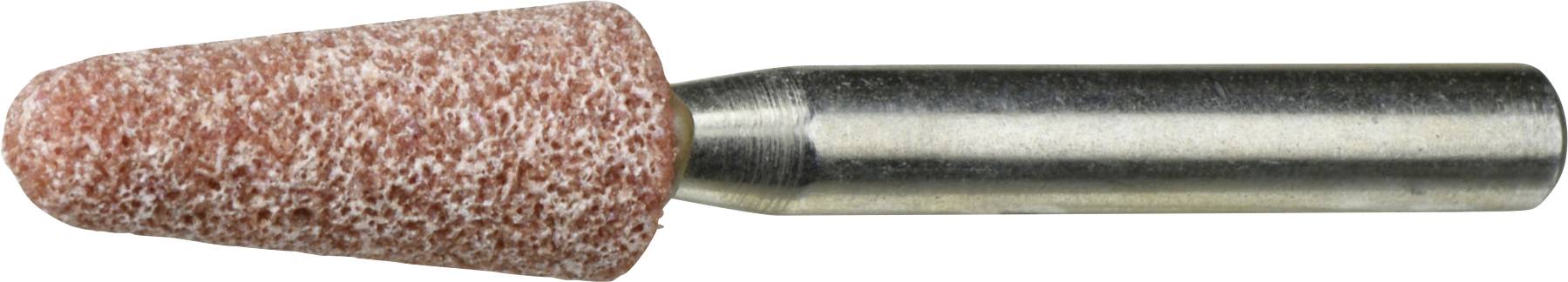 Ein kegelförmiger Schleifstein mit einer strukturierten roten Schleifoberfläche und einem Metallschaft zur Befestigung an einem Rotationswerkzeug.