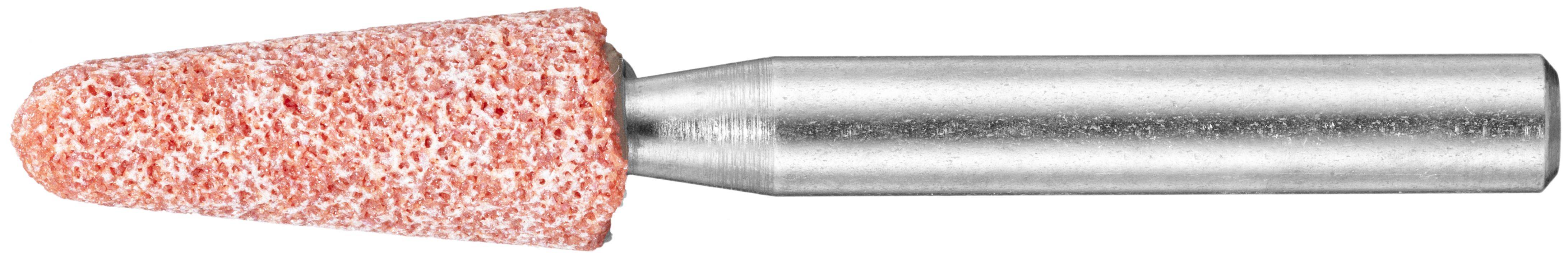 Ein zylindrischer Schleifstein mit abgerundeter Spitze, ausgestattet mit einer strukturierten roten Oberfläche und einer metallischen Basis.