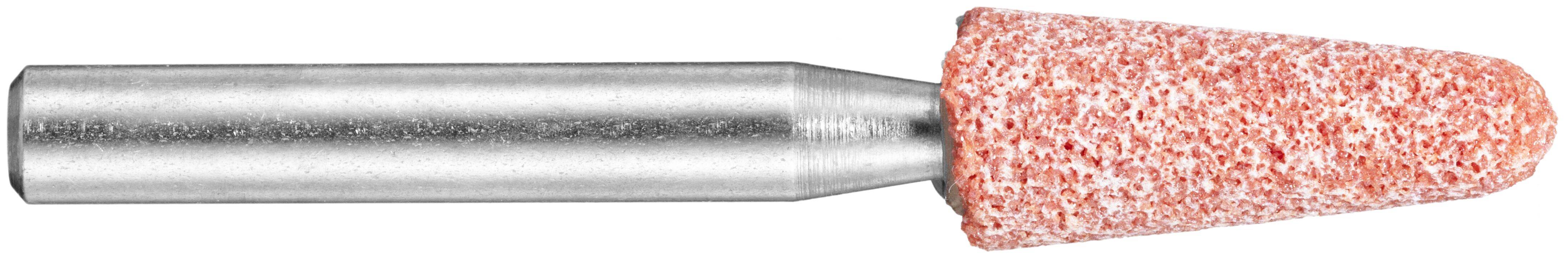 Ein Metallzylinder mit einem roten, strukturierten, kegelförmigen Kopf, der typischerweise zum Schleifen oder Polieren von Oberflächen verwendet wird.