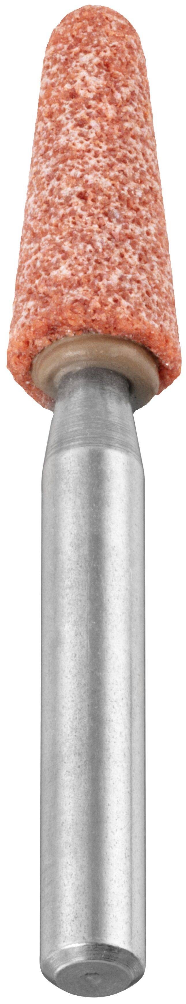 Ein zylindrischer Metalltool mit einer abrasiven, konischen orangefarbenen Spitze, der zum Schleifen oder Formen von Materialien verwendet wird.