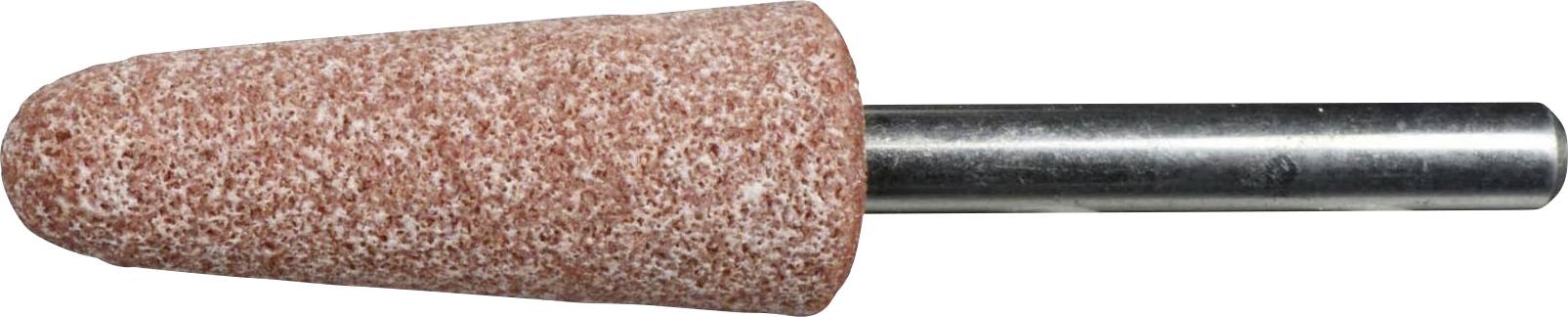 Ein zylindrischer Schleifsteins mit einer rosa Schleifoberfläche und einem Metallschaft, der zum Schärfen oder Glätten von Oberflächen verwendet wird.