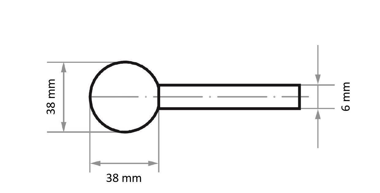 Eine Abbildung zeigt ein zylindrisches Objekt mit einem sphärischen Ende, das 38 mm im Durchmesser und in der Länge misst, mit einer 6 mm starken Achse.