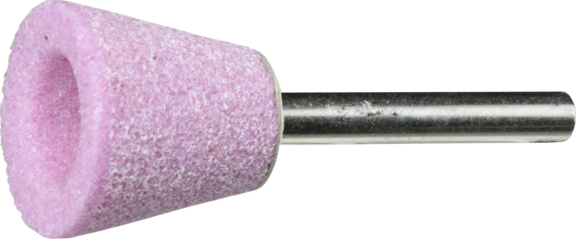 Ein rosa Schleifstein mit konischer Form, der an einem Metallschaft befestigt ist.