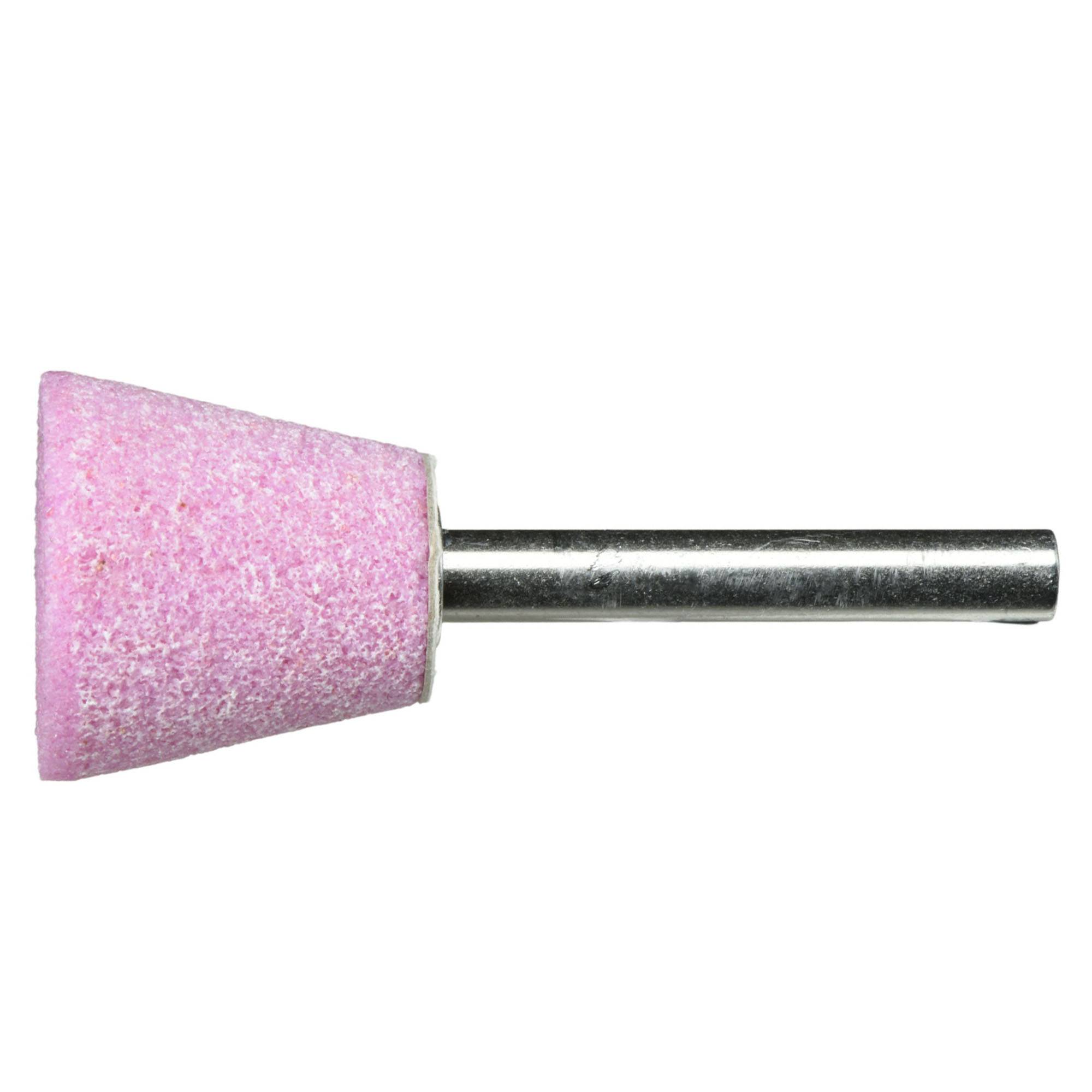 Ein rosa kegelförmiger Schleifstein mit Metallschaft, der zum Glätten oder Formen von Oberflächen verwendet wird.