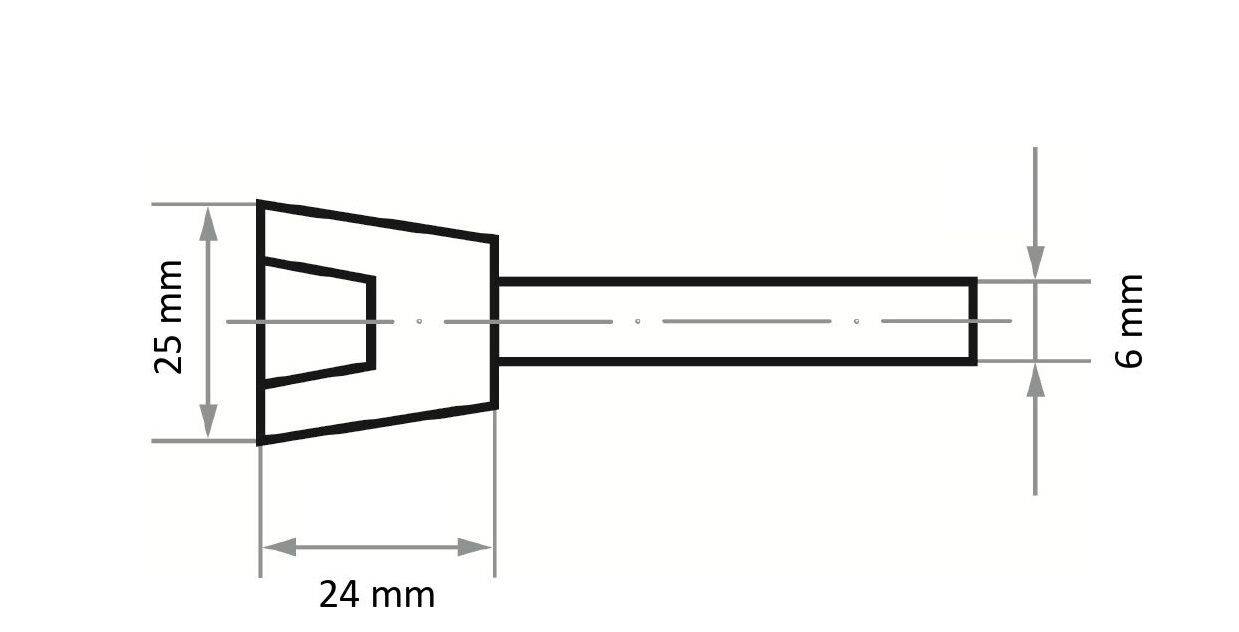 Technische Zeichnung einer Seitenansicht eines Werkzeugs, 25 mm in der Höhe, 24 mm in der Breite und 6 mm in der Tiefe, mit präzisen Maßangaben.