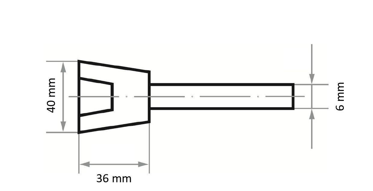 Technische Zeichnung eines Werkzeugs mit Abmessungen: Spitze ist 40 mm breit, Körper ist 36 mm lang und der Schaft hat einen Durchmesser von 6 mm.