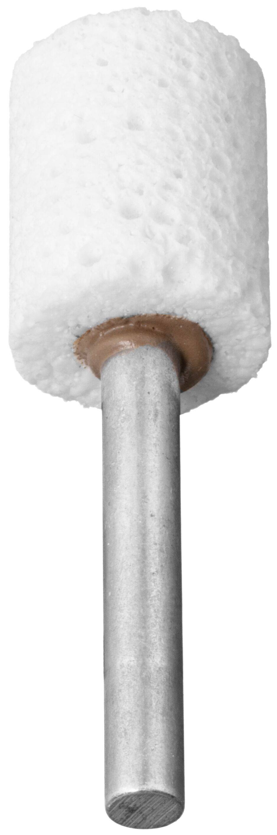 Ein zylindrischer Schleifwerkzeug mit einer weißen, strukturierten Oberfläche, der auf einer Metallachse montiert ist und zum Polieren oder Schärfen verwendet wird.