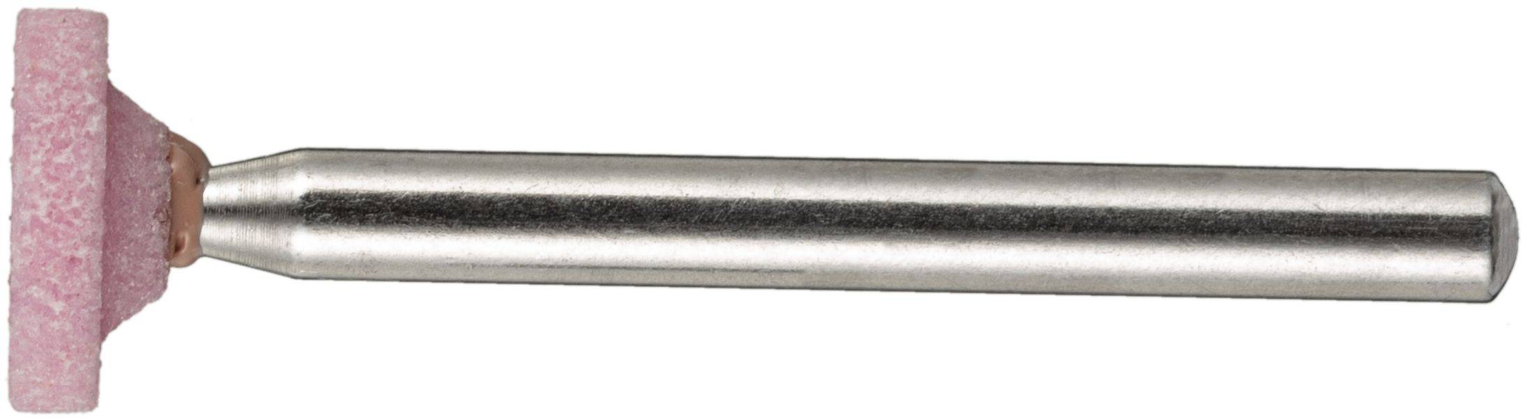 Ein zylindrischer Schleifstein mit einer pinken Schleifspitze und einem silbernen Metallschaft, der typischerweise zum Glätten und Formen von Materialien verwendet wird.