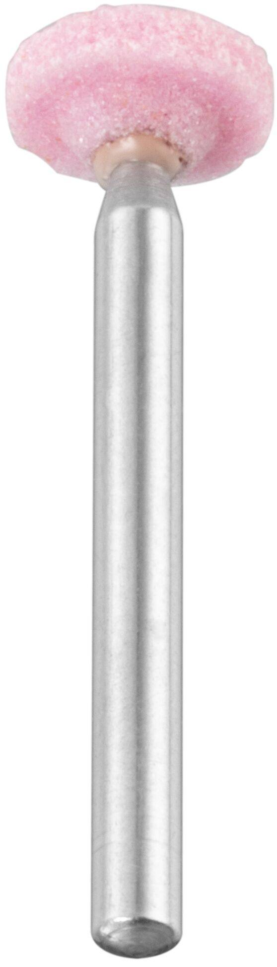 Ein rosa zylindrischer Schleifbit mit einem silbernen Metallschaft, der in Rotationswerkzeugen zum Polieren oder Glätten von Oberflächen verwendet wird.