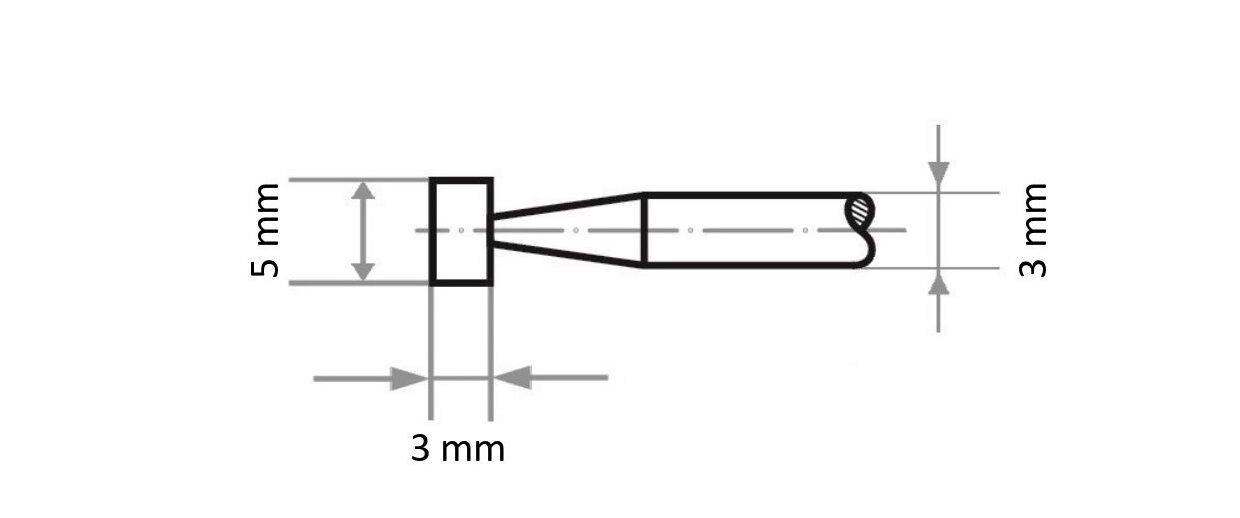 Technische Zeichnung eines zylindrischen Objekts mit Maßangaben: 5 mm Höhe, 3 mm Durchmesser an der Basis, sich zur Spitze verjüngend auf 3 mm.