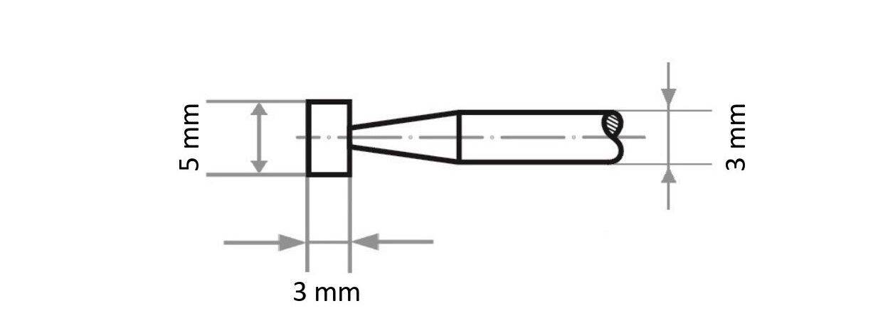 Technische Zeichnung eines zylindrischen Objekts mit Abmessungen: Länge 5 mm, Breite 3 mm an einem Ende, zur anderen Seite auf 3 mm zulaufend.