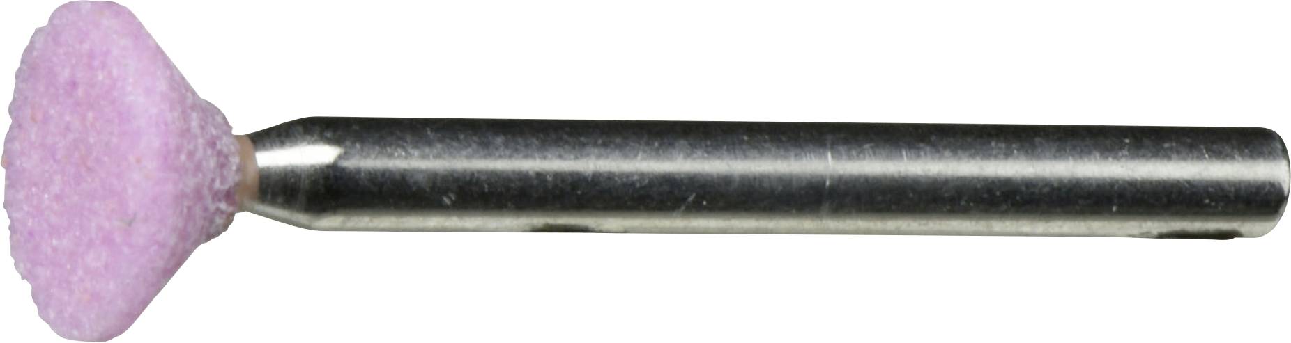 Ein Metallrotationswerkzeugbit mit einer pinken Schleifkegel-Spitze, verwendet zum Schleifen oder Polieren von Oberflächen.