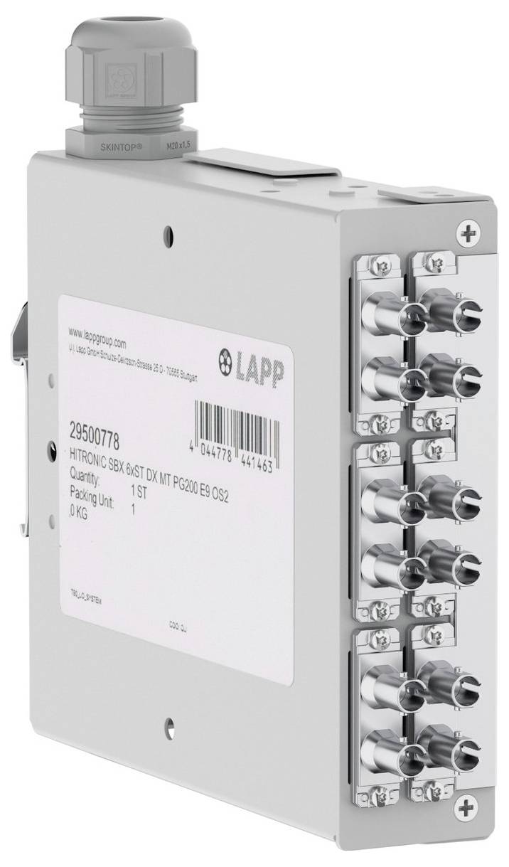 Eine graue rechteckige elektrische Verteilerdose mit Anschlussports und einer Beschriftung, die 