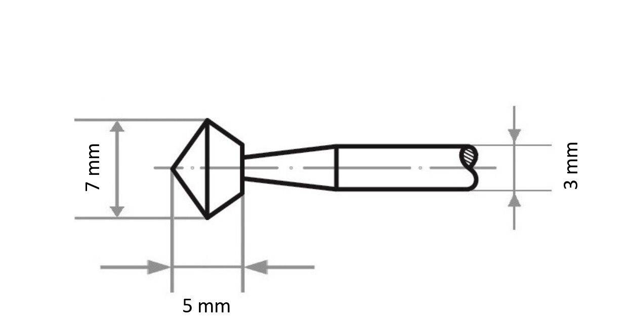 Eine technische Zeichnung eines Werkzeugs, die einen 7 mm breiten, 3 mm dicken Kopf zeigt, der sich zu einem 5 mm breiten Griff verjüngt, mit genauen Maßangaben.