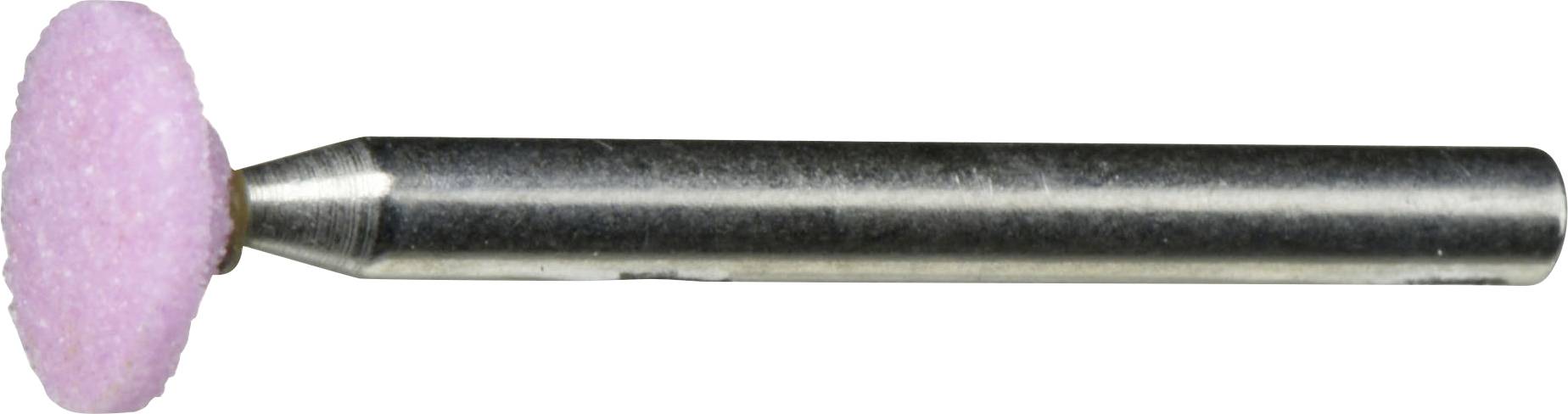 Ein rosa Schleifstein mit zylindrischem Metallschaft, der zum Schleifen oder Polieren in Maschinen- und Werkzeugbereichen verwendet wird.