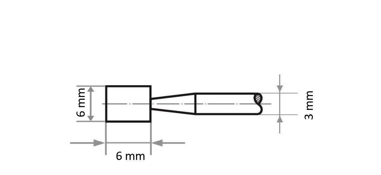 Eine technische Zeichnung eines zylindrischen Metallstücks mit beschrifteten Maßen: 6 mm quadratische Grundfläche, 3 mm Durchmesser der oberen Sektion, 6 mm Länge.