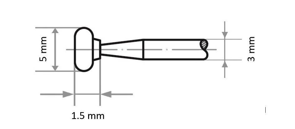 Eine Darstellung eines Stifts mit Maßangaben: 5 mm Höhe, 3 mm Breite und 1,5 mm Tiefe. Die Abbildung zeigt die Dimensionen des Objekts.