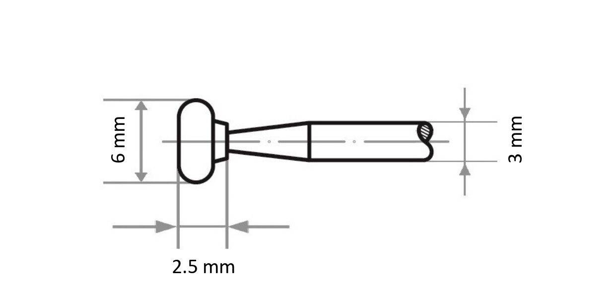 Eine technische Zeichnung eines Stifts mit folgenden Abmessungen: 6 mm Höhe, 3 mm Breite und 2,5 mm zwischen den Enden.