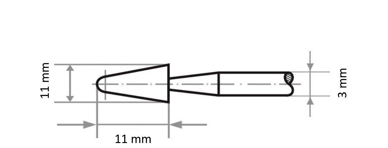 Eine Linienzeichnung eines Objekts mit beschrifteten Abmessungen: 11 mm hoch, 11 mm breit an der Basis, sich zur Spitze auf 3 mm verjüngend, in konischer Form.