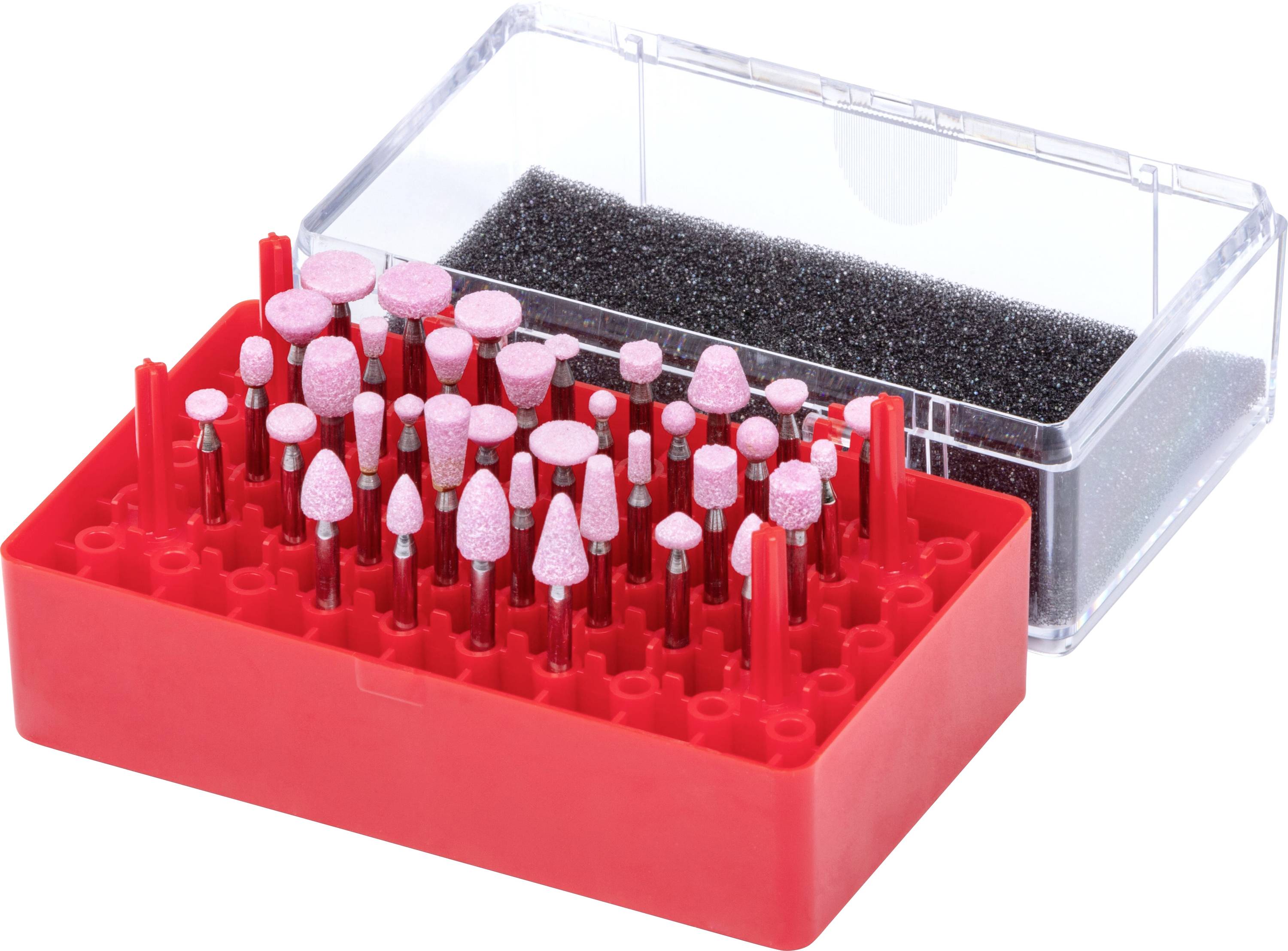 Ein Satz Schleifsteinaufsätze in Rot mit verschiedenen Formen, in einem roten Kunststoffhalter mit transparentem Deckel, zum Einsatz in Rotationswerkzeugen.