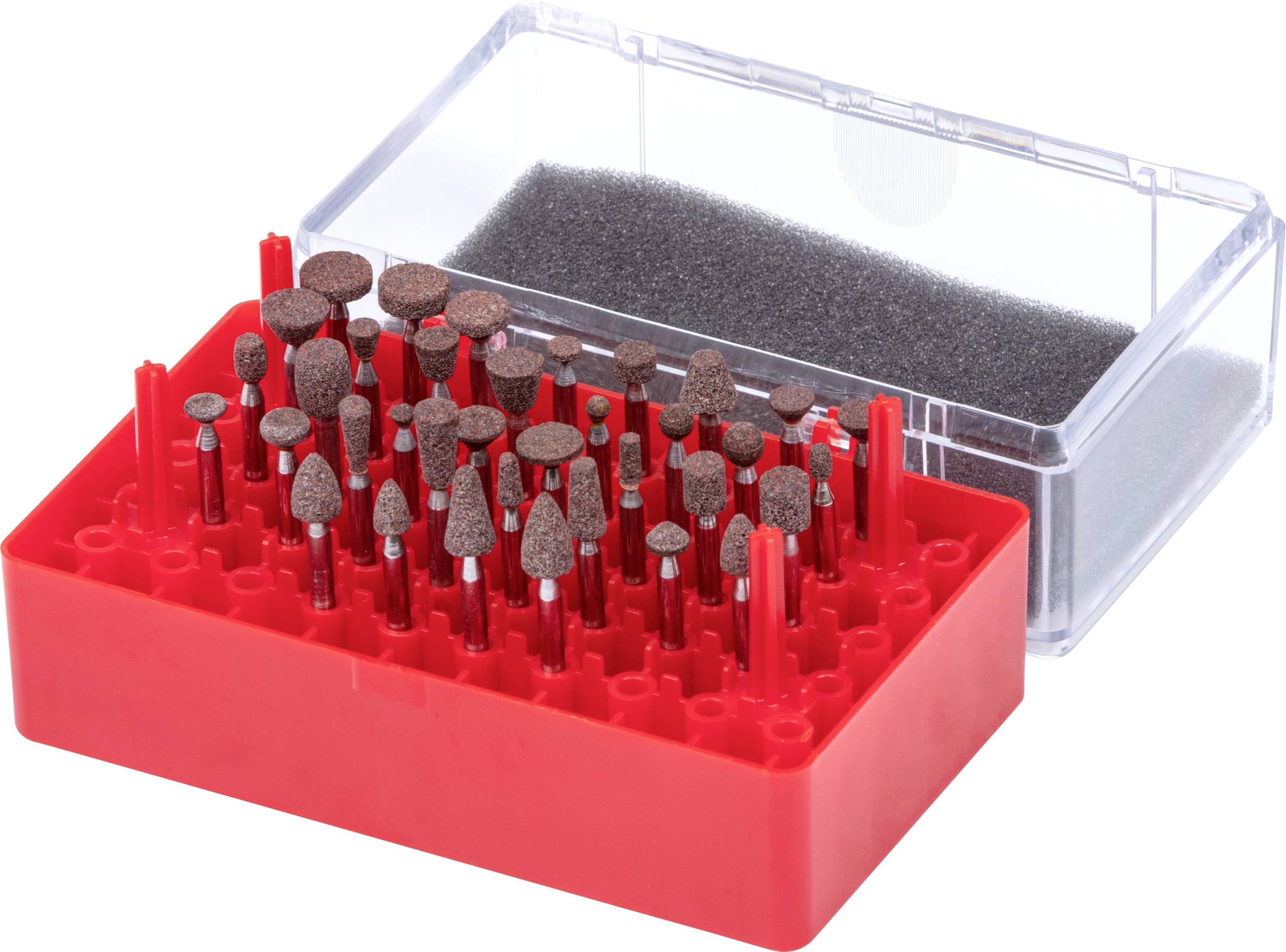 Eine rote Aufbewahrungsbox enthält verschiedene kleine Schleifaufsätze für Rotationswerkzeuge; ein durchsichtiger Deckel mit Schaumstoffpolsterung ist leicht geöffnet und zeigt die sorgfältig sortierten Attachments.