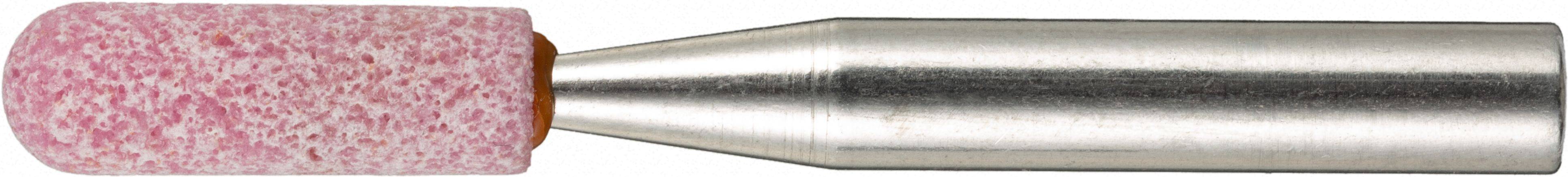Ein zylindrischer Schleifstein mit einer rosa Schleifoberfläche, der an einem Metallschaft befestigt ist und üblicherweise zum Glätten oder Formen von Materialien verwendet wird.