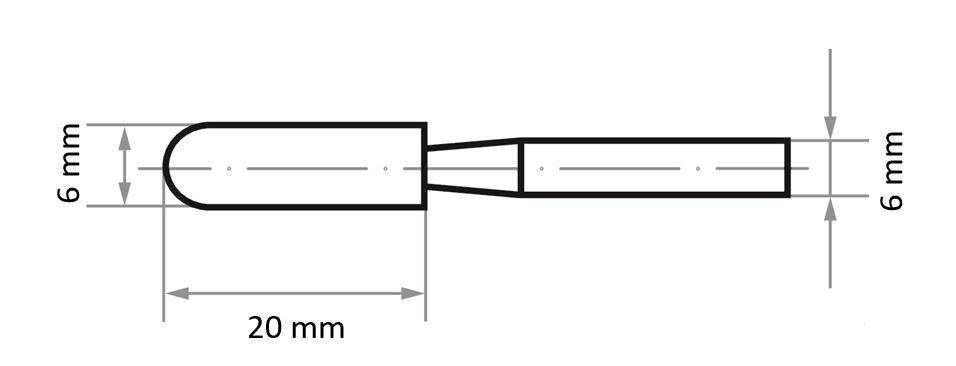 Technische Zeichnung eines zylindrischen Objekts mit einem flachen Ende, 20 mm lang, 6 mm Durchmesser. Maßangaben und Pfeile zeigen die Dimensionen an.