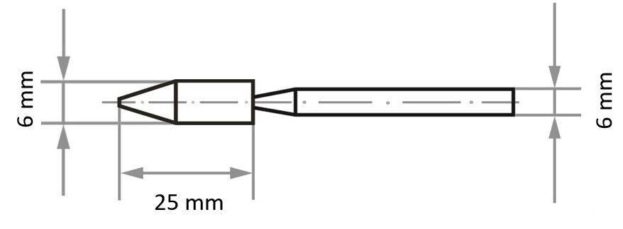 Schematische Darstellung eines konischen zylindrischen Objekts. Das linke Ende misst 6 mm, die Länge der Verjüngung beträgt 25 mm, und das rechte Ende ist ebenfalls 6 mm.