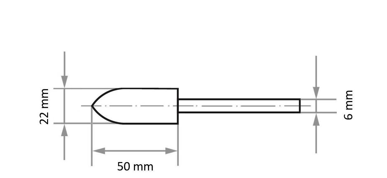 Technische Zeichnung eines zylindrischen Objekts mit konischer Spitze. Abmessungen: 50 mm Länge, 22 mm Breite und 6 mm Schaftdurchmesser.