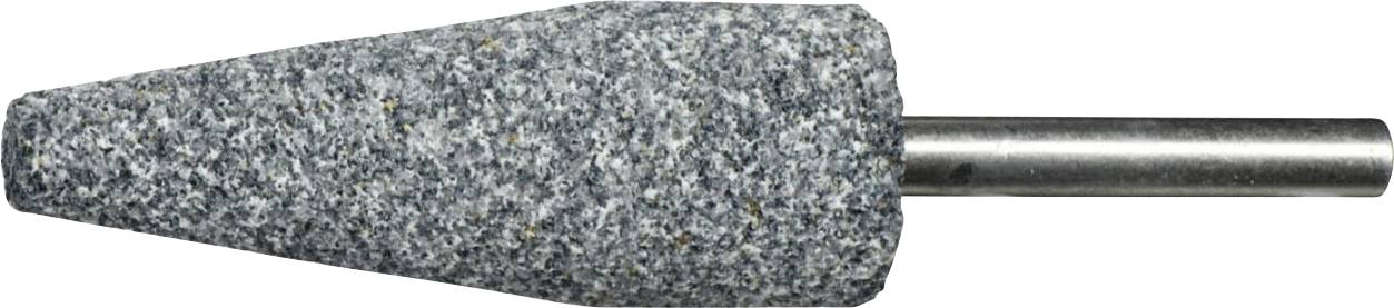 Ein blau-grauer Schleifstein in Kegelform, der an einem Metallschaft befestigt ist und zum Schleifen oder Polieren von Oberflächen verwendet wird.