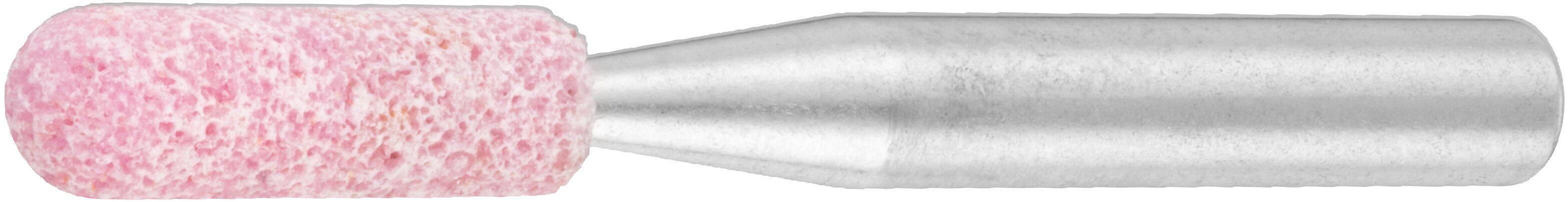 Ein zylindrischer, rosa Schleifstein mit einem Metallschaft, der für präzise Formgebung und Glättung in verschiedenen mechanischen Anwendungen verwendet wird.