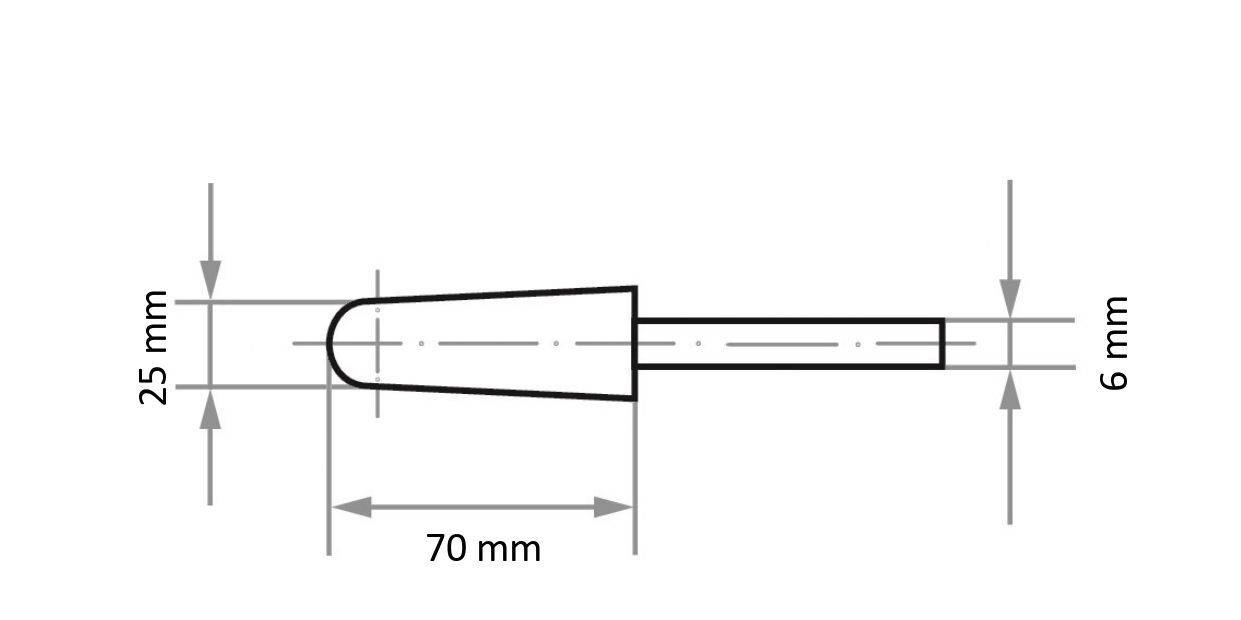 Technische Zeichnung eines zylindrischen Objekts, 70 mm lang, mit einem 25 mm Durchmesser am Ende, das zu einer 6 mm Durchmesser-Welle verjüngt.