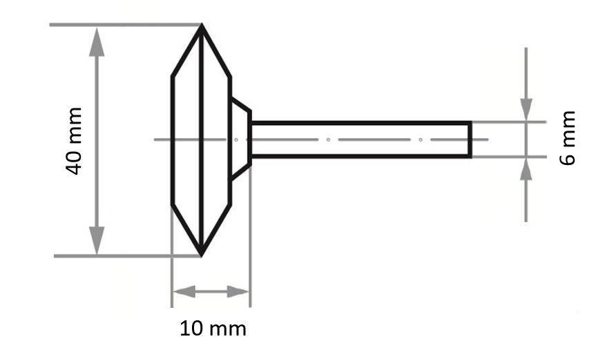 Eine technische Zeichnung eines Bolzens mit detaillierten Maßangaben: Kopfhöhe 40 mm, Durchmesser 10 mm und Schaftdurchmesser 6 mm.