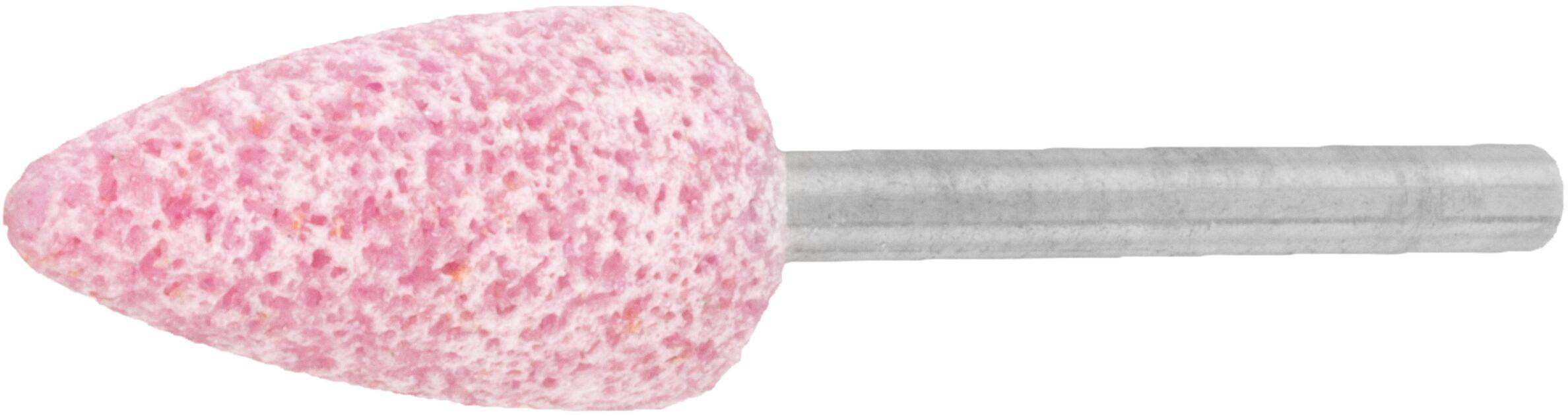 Ein rosa Schleifstein mit konischer Form und Metallschaft, typischerweise verwendet zum Glätten oder Formen von Oberflächen in verschiedenen Materialien.