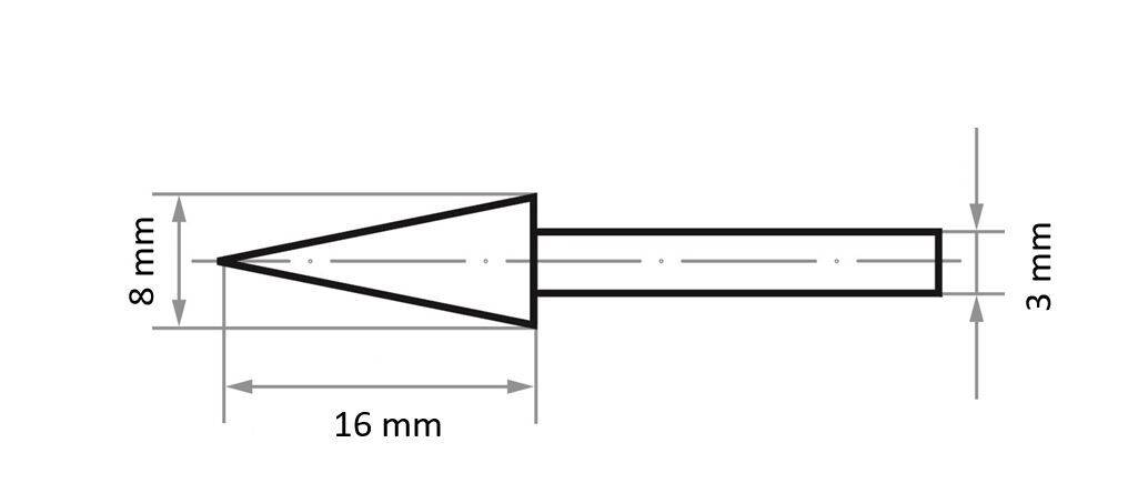 Technische Zeichnung eines Kegels mit Maßangaben: 16 mm Länge, 8 mm Basisbreite, verbunden mit einem 3 mm breiten Zylinder.